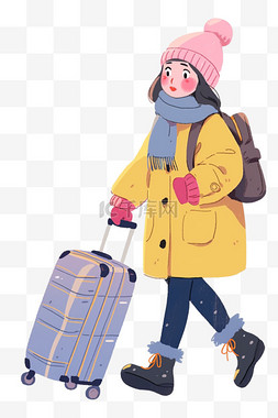 粉色围巾图片_女孩行李箱冬天旅游卡通手绘元素