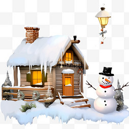 路灯松树图片_落雪的木屋松树雪人卡通冬天手绘