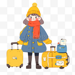 手绘蓝色行李箱图片_可爱女孩卡通手绘元素冬天