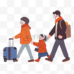 男拉着行李箱图片_冬天手绘元素一家人旅行卡通
