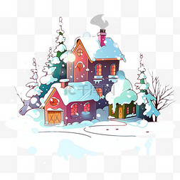 满山小树图片_手绘插画冬天彩色房子雪天卡通