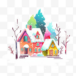 满山小树图片_冬天彩色房子手绘雪天卡通插画