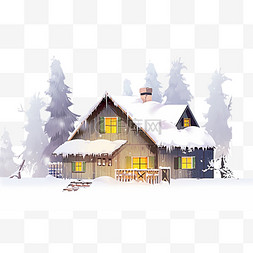 冬天落雪小木屋手绘卡通元素