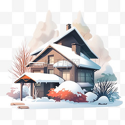 落满雪的松树图片_冬天别墅松树手绘元素简笔画