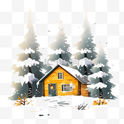 卡通冬天房子图片_雪天木屋松树卡通冬天手绘元素