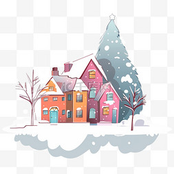 满山小树图片_雪天冬天彩色房子卡通手绘插画