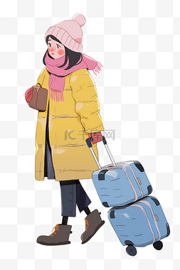 深蓝色围巾图片_冬天手绘元素女孩行李箱旅游卡通