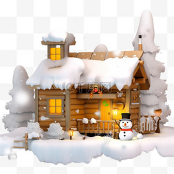 冬天落雪的木屋松树雪人卡通元素