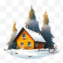 冬天雪天松树木屋卡通手绘元素