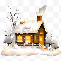 冬天手绘落雪的木屋松树雪人卡通