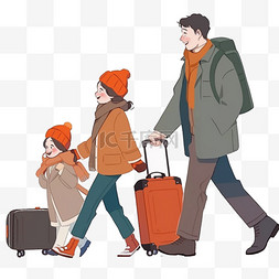 男拉着行李箱图片_冬天手绘一家人旅行卡通元素