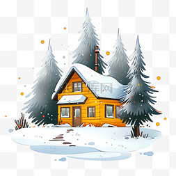 雪天冬天木屋松树卡通手绘元素