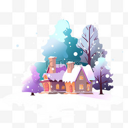 冬天彩色房子卡通雪天手绘插画