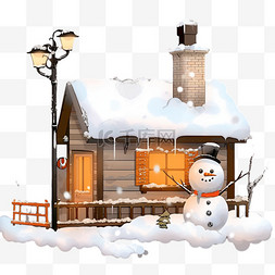 雪人冬天落雪的木屋松树卡通手绘