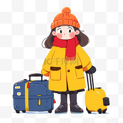 行李箱红色图片_冬天手绘元素可爱女孩卡通