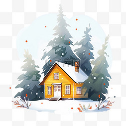 雪天木屋松树冬天卡通手绘元素