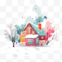 彩色房子雪天卡通手绘插画冬天