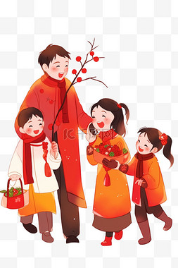 行李箱红色图片_新年一家人手绘卡通元素