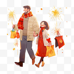 红色背景烟花图片_购物烟花卡通手绘新年元素情侣