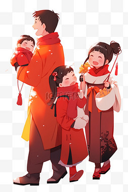 行李箱红色图片_新年手绘元素一家人卡通