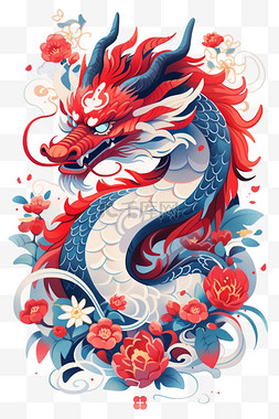 插画蓝色花朵图片_手绘新年龙年插画元素