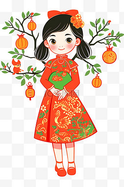 木刻版画图片_迎新年剪纸女孩红色手绘简笔画元