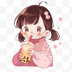 喝奶茶的卡通女孩图片_冬天简笔画可爱女孩奶茶手绘元素
