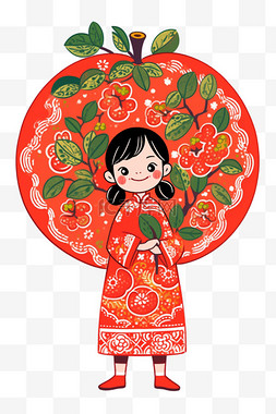 中国传统配色图片_剪纸女孩红色简笔画手绘迎新年元