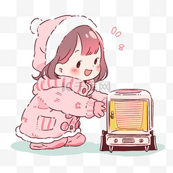 粉色背景女孩图片_冬天可爱女孩手绘暖炉卡通元素