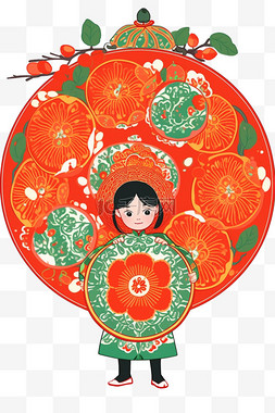 中国红背景素材图片_迎新年剪纸手绘女孩红色简笔画元