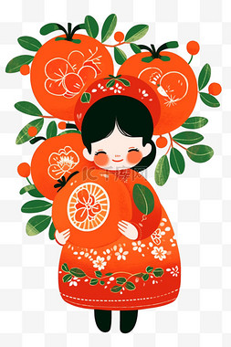 中国传统画图片_剪纸女孩红色简笔画迎新年手绘元