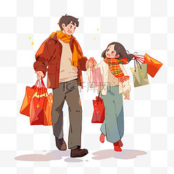 红色卡通购物袋图片_新年情侣购物手绘元素烟花卡通