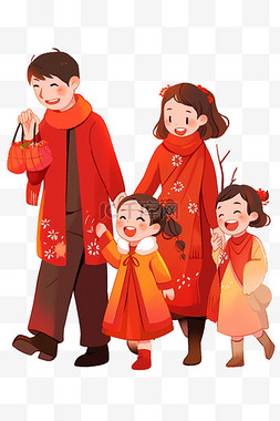 红色背景行李箱图片_卡通手绘新年一家人元素