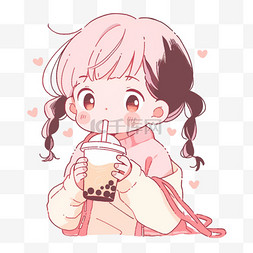 喝奶茶的卡通女孩图片_冬天可爱女孩奶茶卡通手绘元素简