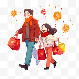 拎购物袋图片_新年手绘元素情侣购物烟花卡通