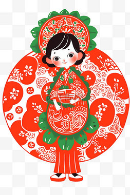 中国传统画图片_迎新年剪纸女孩红色简笔画手绘元