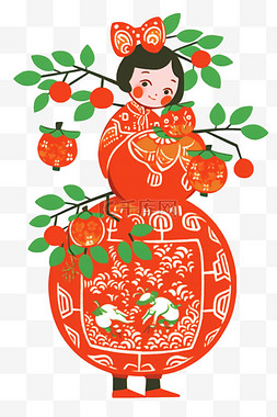 中国传统配色图片_剪纸女孩红色迎新年简笔画手绘元
