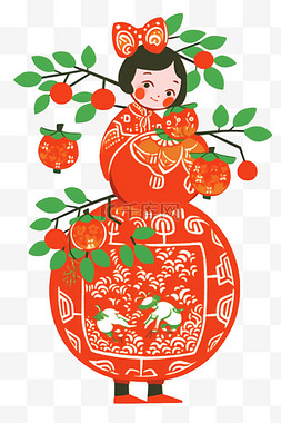 新年绿图片_剪纸女孩红色迎新年简笔画手绘元