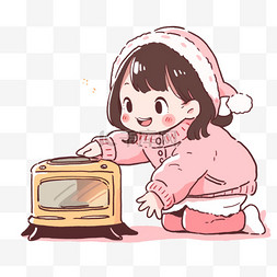 冬天手绘可爱女孩暖炉卡通元素