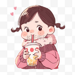 喝奶茶的卡通女孩图片_卡通冬天简笔画可爱女孩奶茶手绘