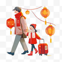 简笔行李箱图片_新年三口人卡通旅游冬天手绘元素