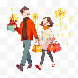 卡通情侣背景图片_购物烟花新年卡通情侣手绘元素