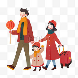 红色卡通行李箱图片_新年三口人旅游卡通冬天手绘元素