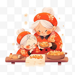 新年手绘奶奶和孩子卡通做糕点元