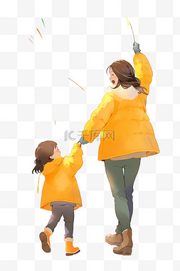 黄色卡通烟花图片_新年母子放烟花手绘元素卡通