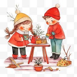 茶桌背景图片_可爱孩子植物卡通冬天手绘元素