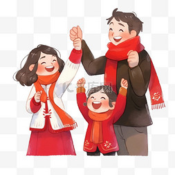 新年喜庆红色背景图片_冬天一家人卡通新年手绘元素