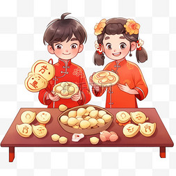 做在桌子图片_新年情侣做糕点手绘元素卡通