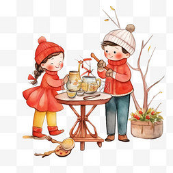 茶桌背景图片_手绘冬天可爱孩子植物卡通元素