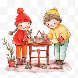 茶桌背景图片_冬天可爱孩子手绘元素植物卡通